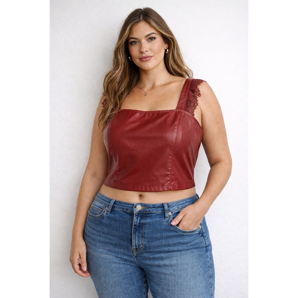 Burgundy Faux Leather Lace Up Corset Crop Top Women's Size XL